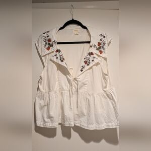 Anthropologie White Sleeveless Peplum Top with Strawberry Embroidery